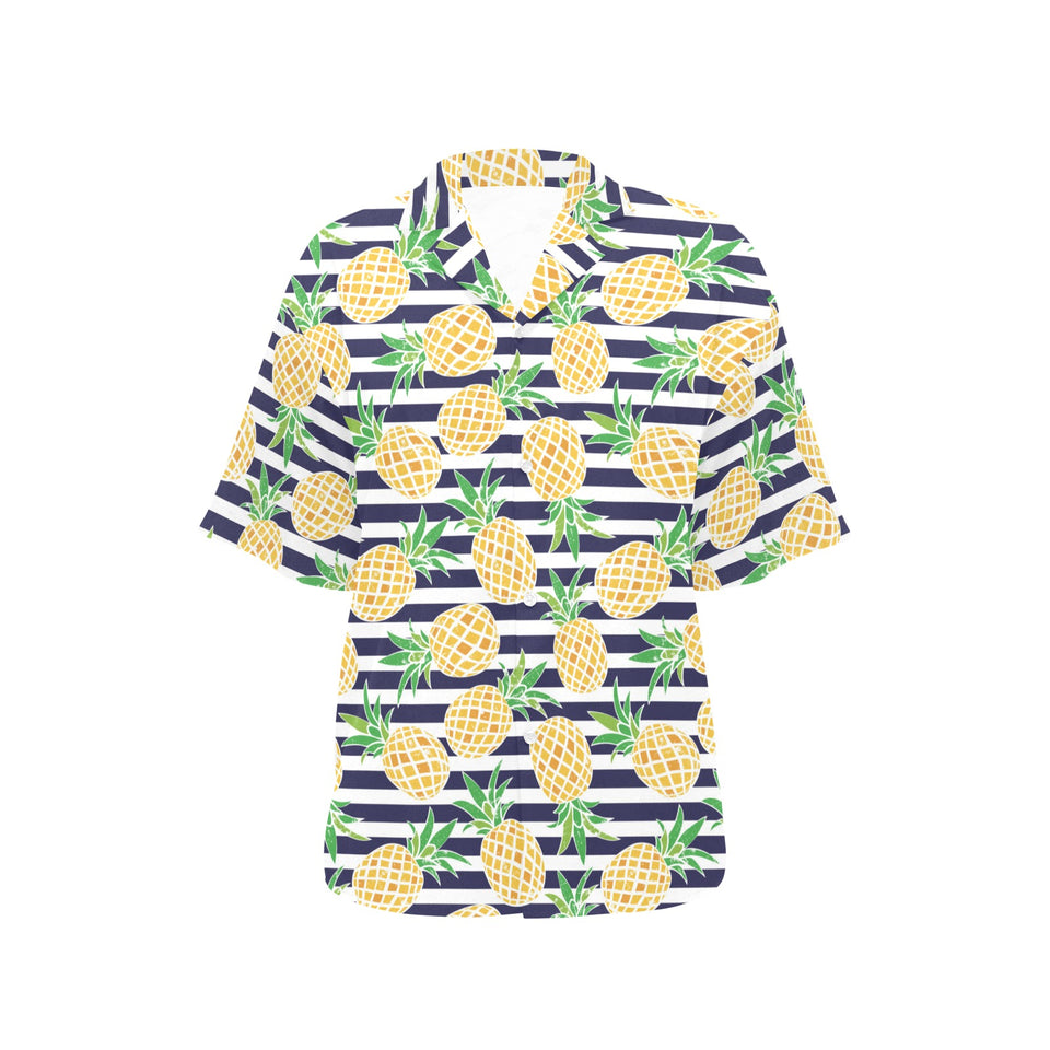 Pineapples pattern striped background Women's All Over Print Hawaiian Shirt