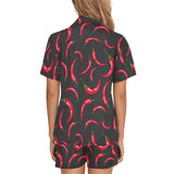 Chili peppers pattern black background Women's V-Neck Short Pajama Set