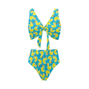 Duck Pattern Print Design 04 Chest Bowknot High Waisted Bikini Swimsuit
