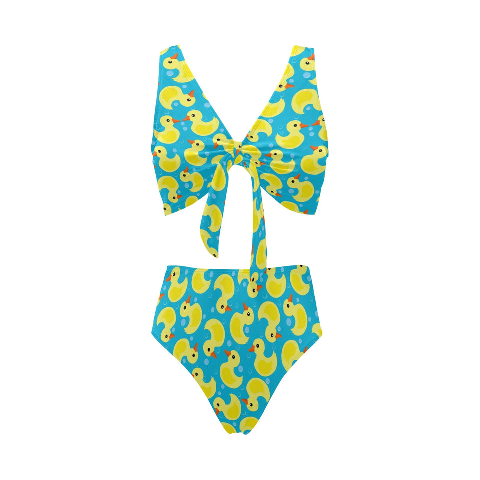 Duck Pattern Print Design 04 Chest Bowknot High Waisted Bikini Swimsuit