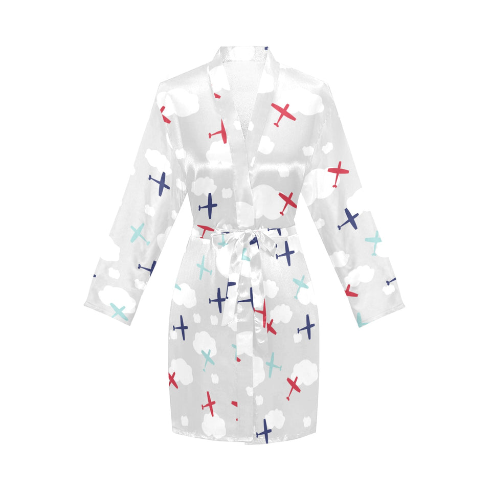 Airplane cloud grey background Women's Long Sleeve Belted Night Robe