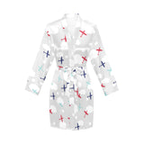 Airplane cloud grey background Women's Long Sleeve Belted Night Robe