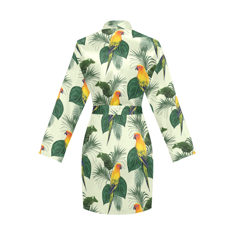 Beautiful parrot palm leaves pattern Women's Long Sleeve Belted Night Robe