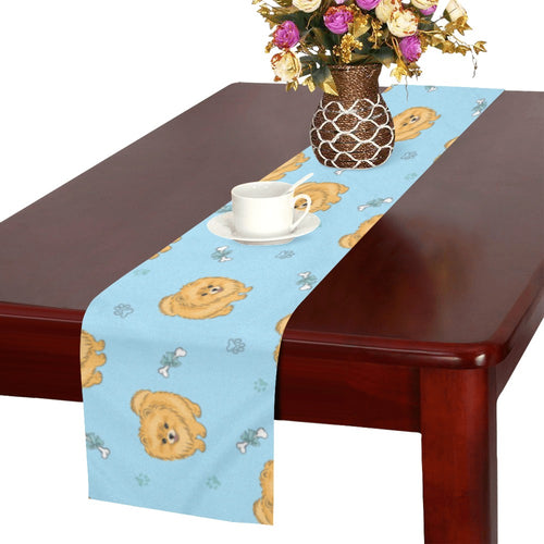 Brown cute pomeranian blue blackground Table Runner