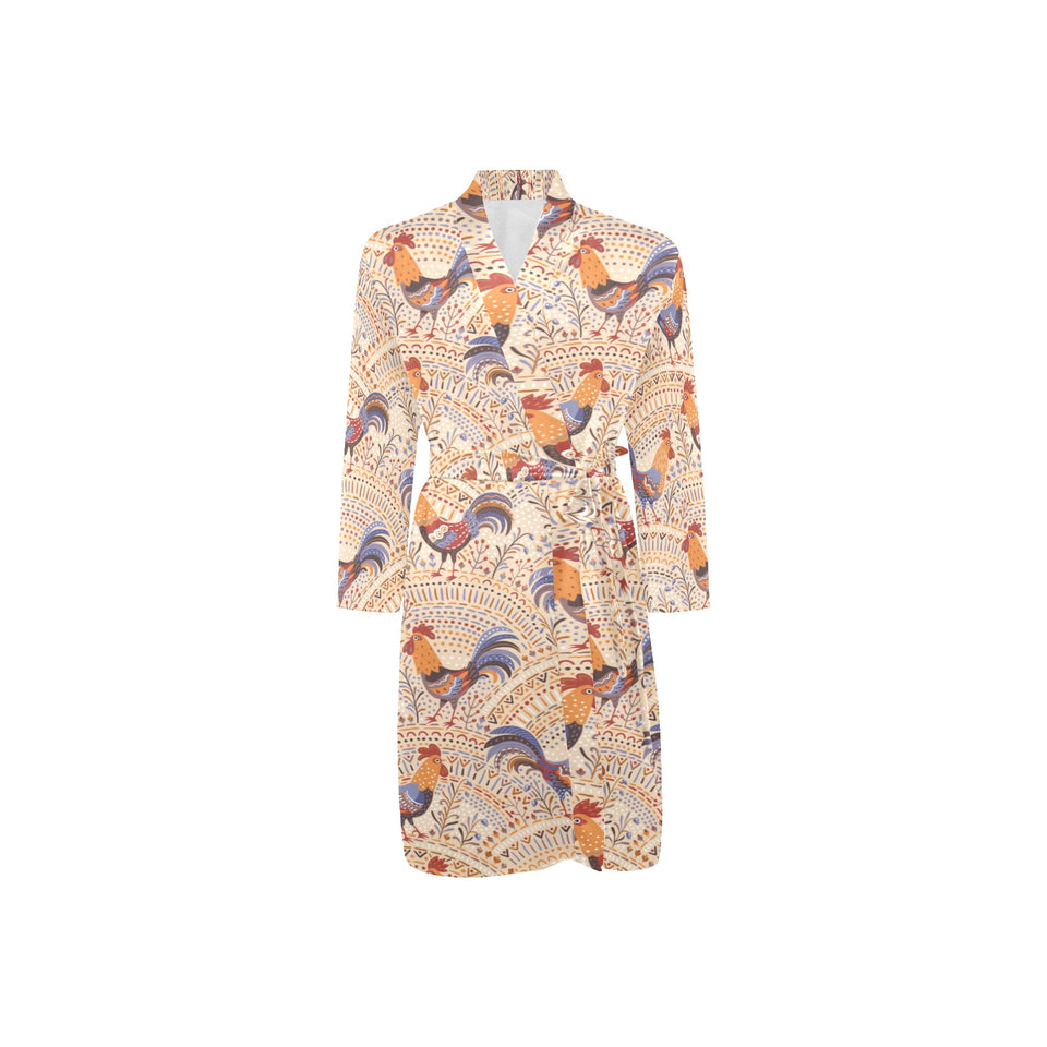 Cute rooster chicken cock floral ornament backgrou Men's Long Sleeve Belted Night Robe