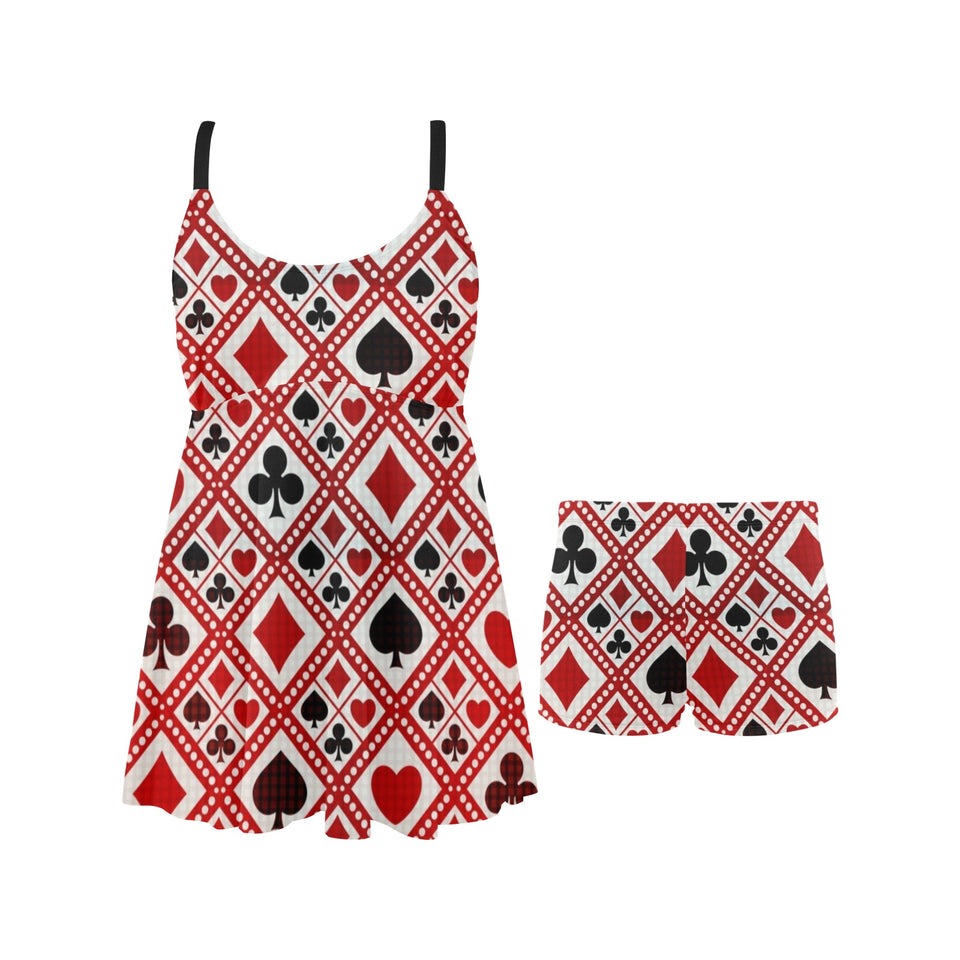 Casino Cards Suits Pattern Print Design 03 Chest Sexy Pleated Two Piece Swim Dress