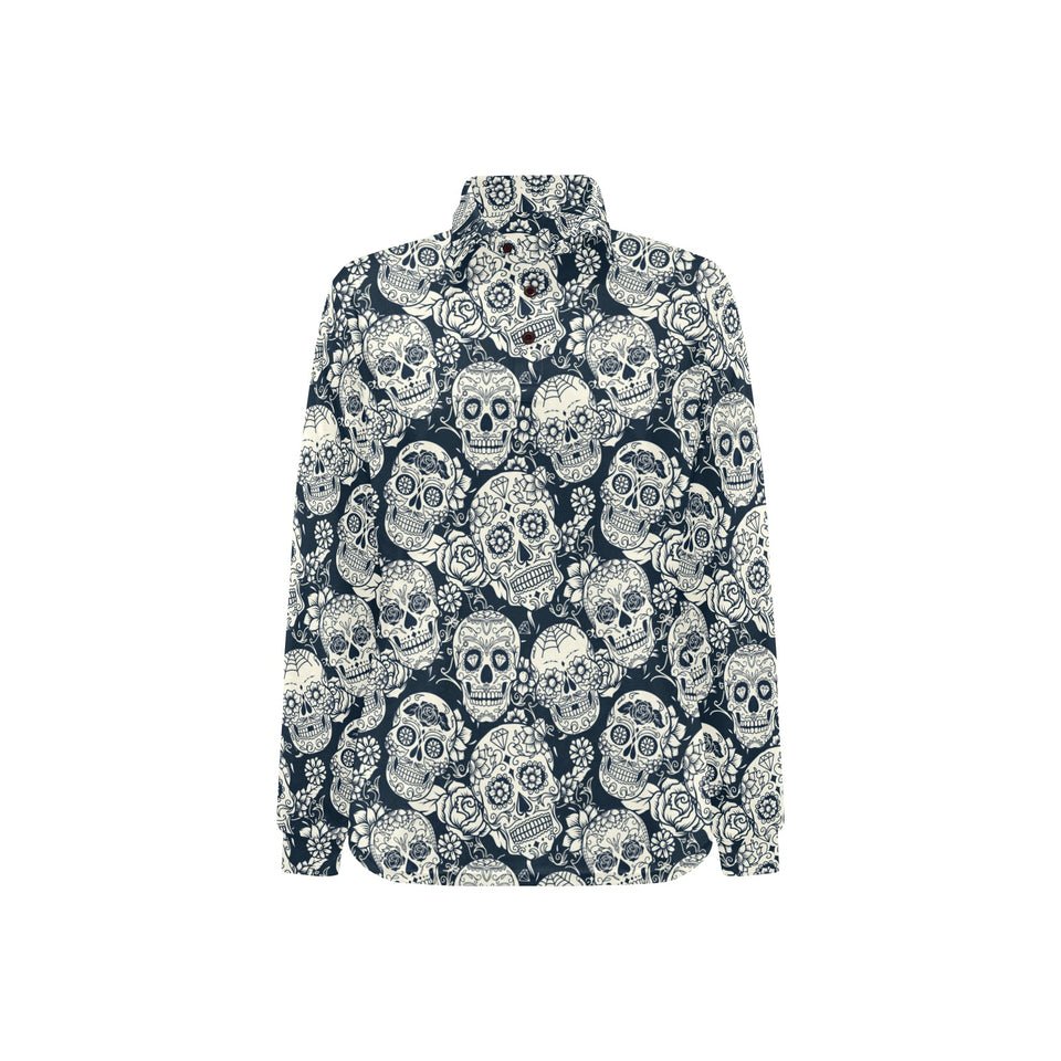 Sugar skull black white pattern Women's Long Sleeve Polo Shirt