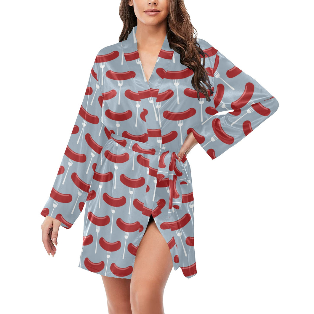 Sausage Pattern Print Design 02 Women's Long Sleeve Belted Night Robe