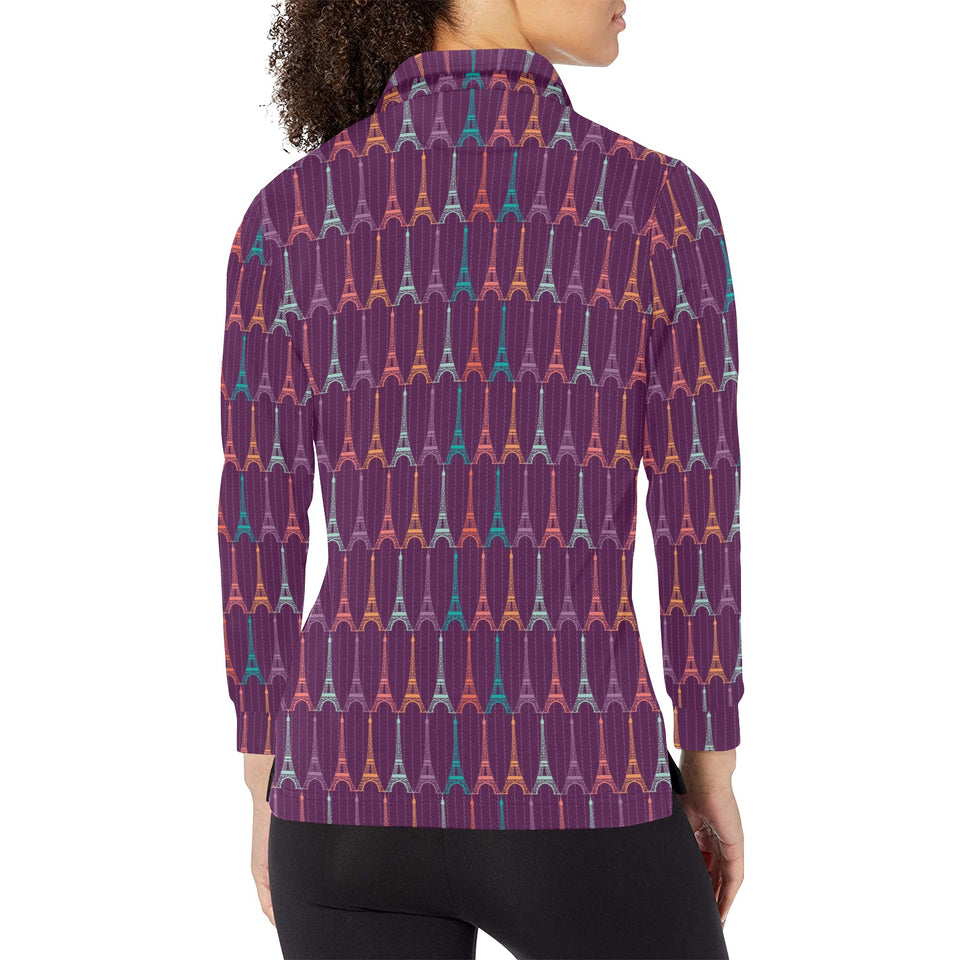 Eiffel Tower Pattern Print Design 05 Women's Long Sleeve Polo Shirt