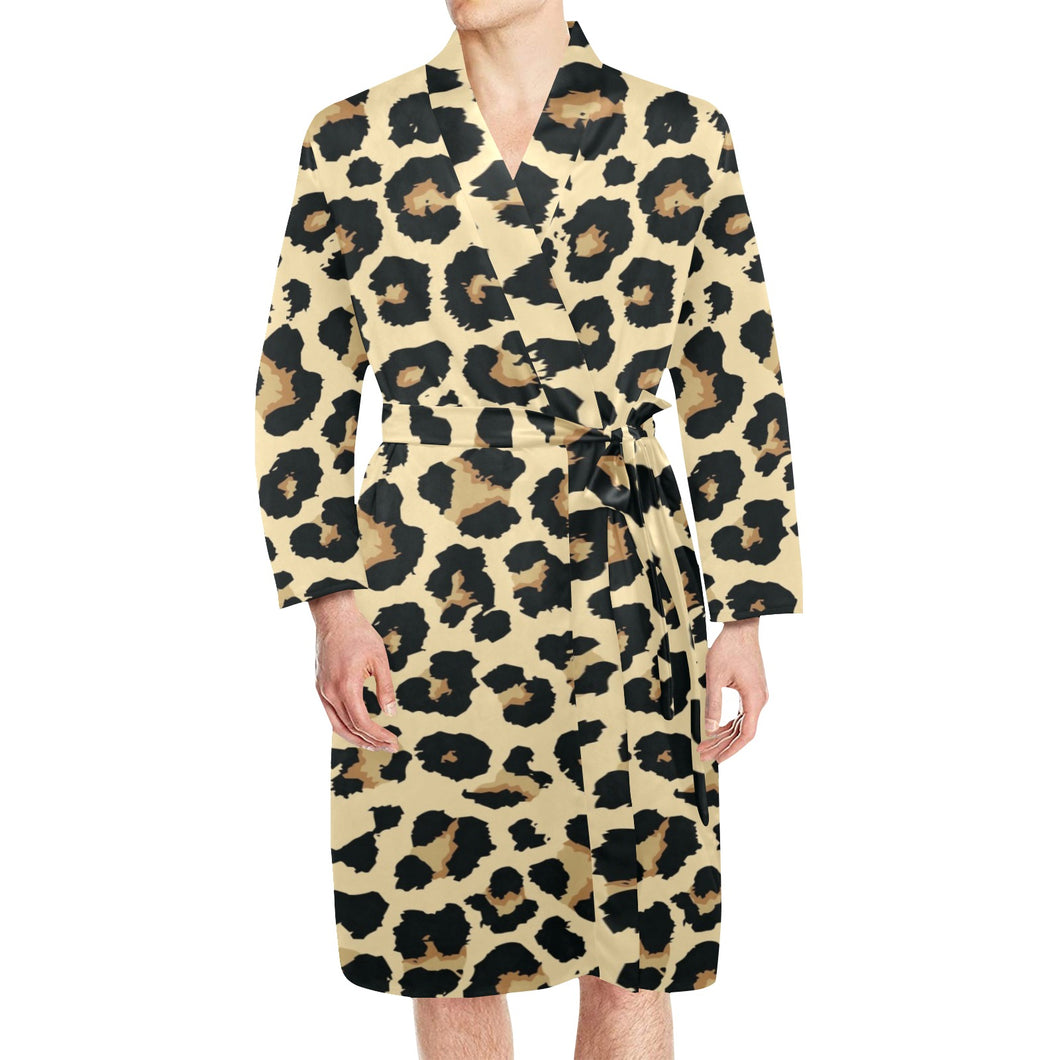 Leopard print design pattern Men's Long Sleeve Belted Night Robe