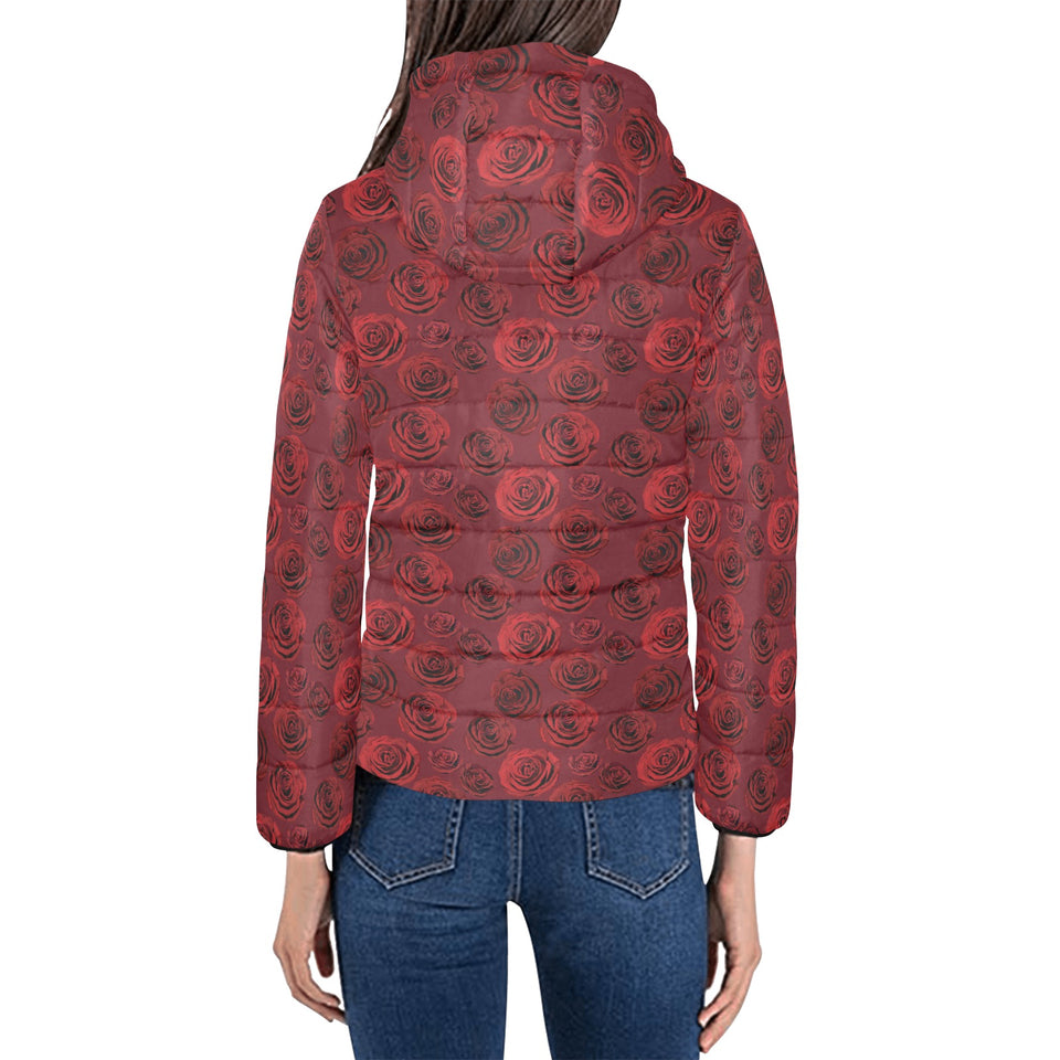 Rose Pattern Print Design 03 Women's Padded Hooded Jacket