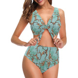 Monkey Palm tree background Chest Bowknot High Waisted Bikini Swimsuit