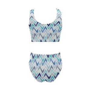 zigzag chevron blue pattern Chest Bowknot High Waisted Bikini Swimsuit