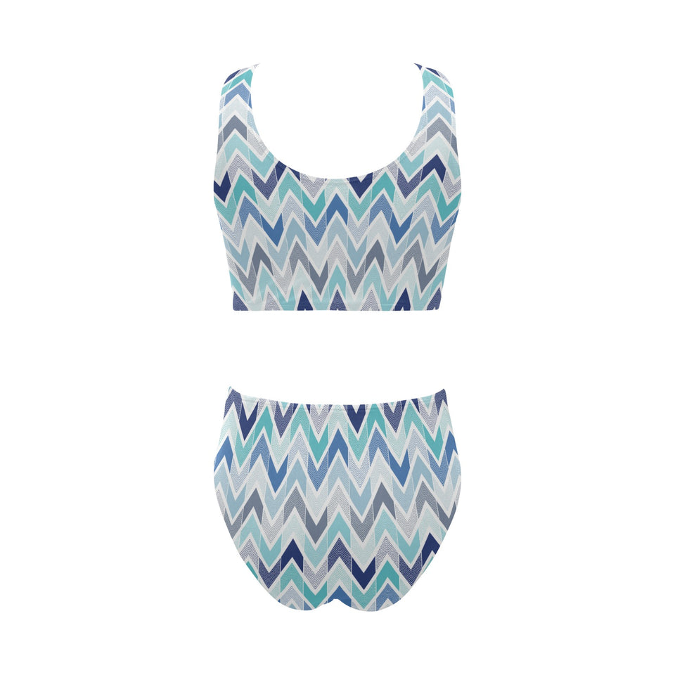 zigzag chevron blue pattern Chest Bowknot High Waisted Bikini Swimsuit