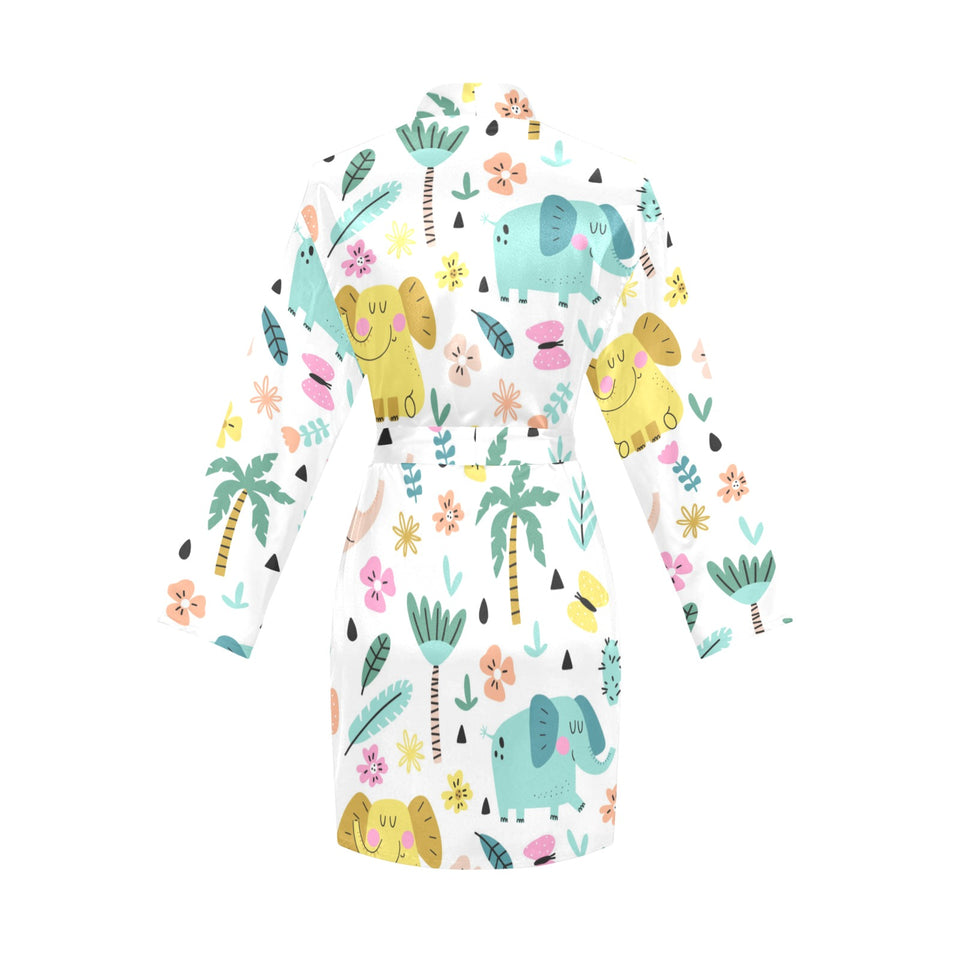 Cute elephants palm tree flower butterfly pattern Women's Long Sleeve Belted Night Robe