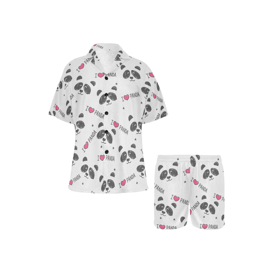 Hand Drawn faces of pandas pattern Women's V-Neck Short Pajama Set
