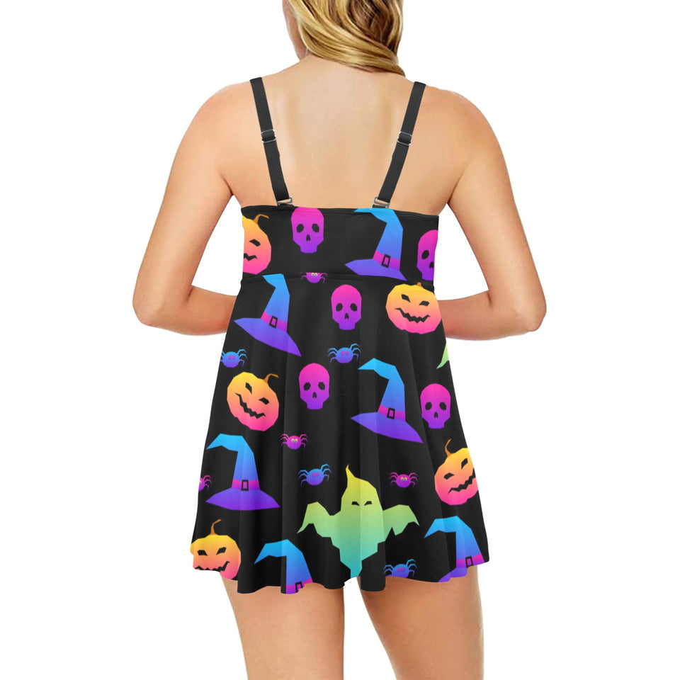 Colorful halloween background Chest Sexy Pleated Two Piece Swim Dress