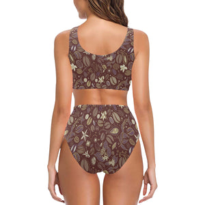Coffee bean flower pattern Chest Bowknot High Waisted Bikini Swimsuit