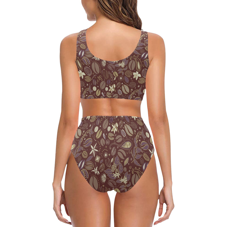 Coffee bean flower pattern Chest Bowknot High Waisted Bikini Swimsuit