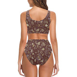 Coffee bean flower pattern Chest Bowknot High Waisted Bikini Swimsuit