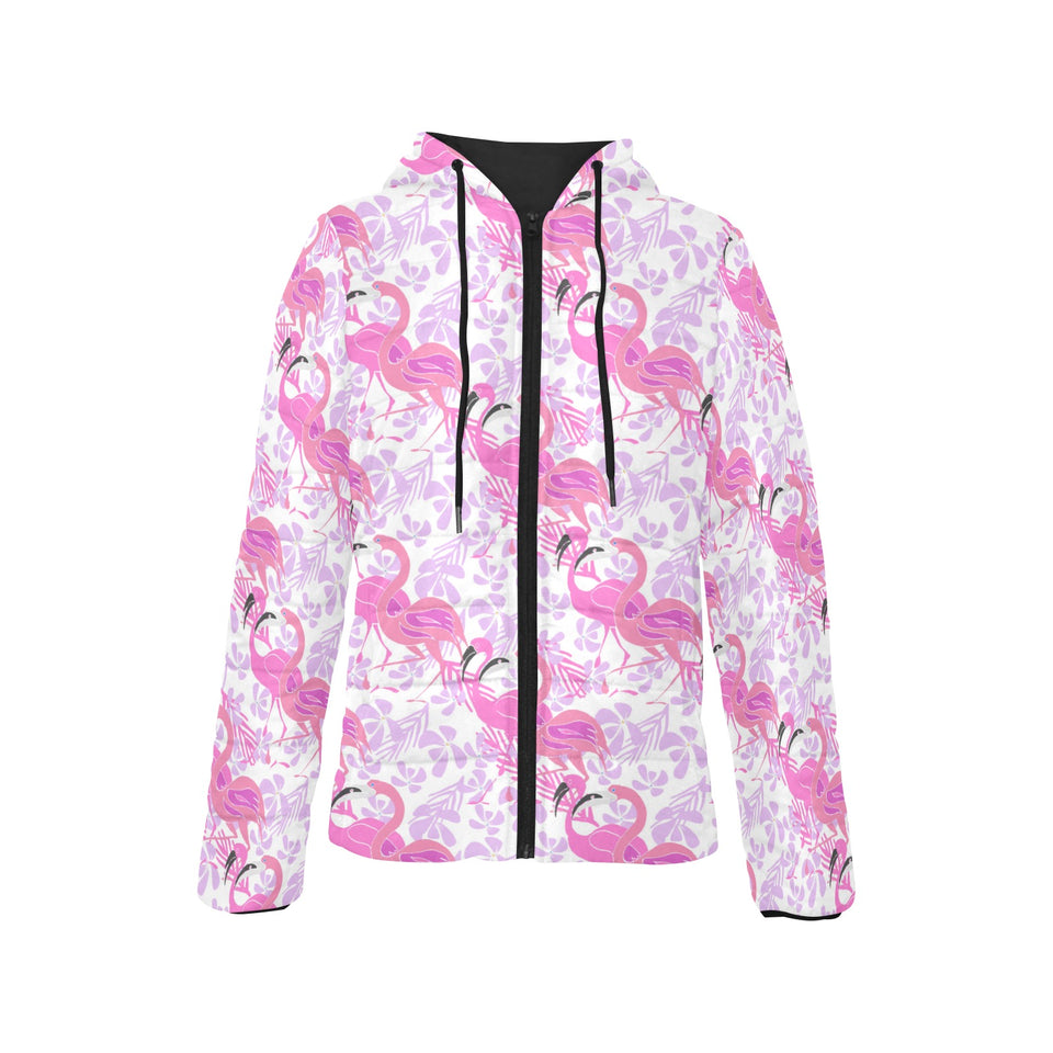 Pink flamingo flower pattern Women's Padded Hooded Jacket