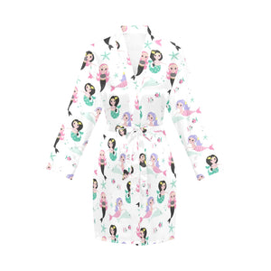 cute mermaid dolphin fish starfish pattern Women's Long Sleeve Belted Night Robe
