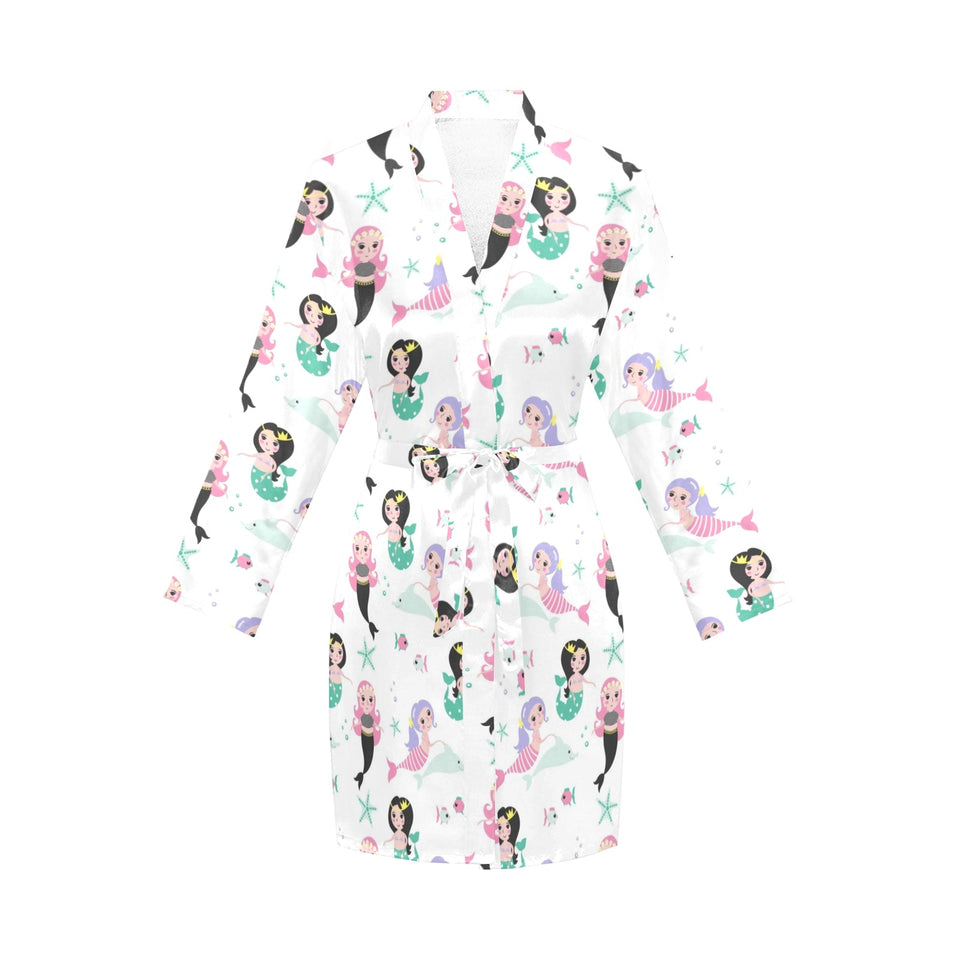cute mermaid dolphin fish starfish pattern Women's Long Sleeve Belted Night Robe
