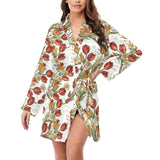 Red tulips and daffodils pattern Women's Long Sleeve Belted Night Robe