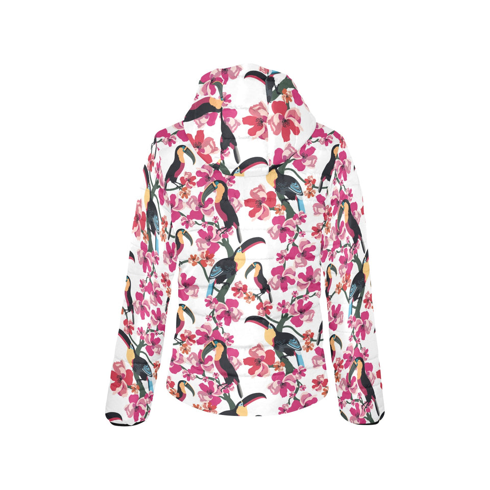 Toucan flower design pattern Women's Padded Hooded Jacket