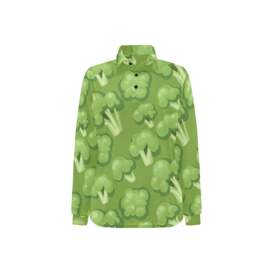 Broccoli pattern green background Women's Long Sleeve Polo Shirt