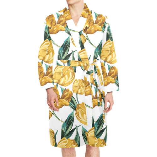 yellow tulips pattern Men's Long Sleeve Belted Night Robe
