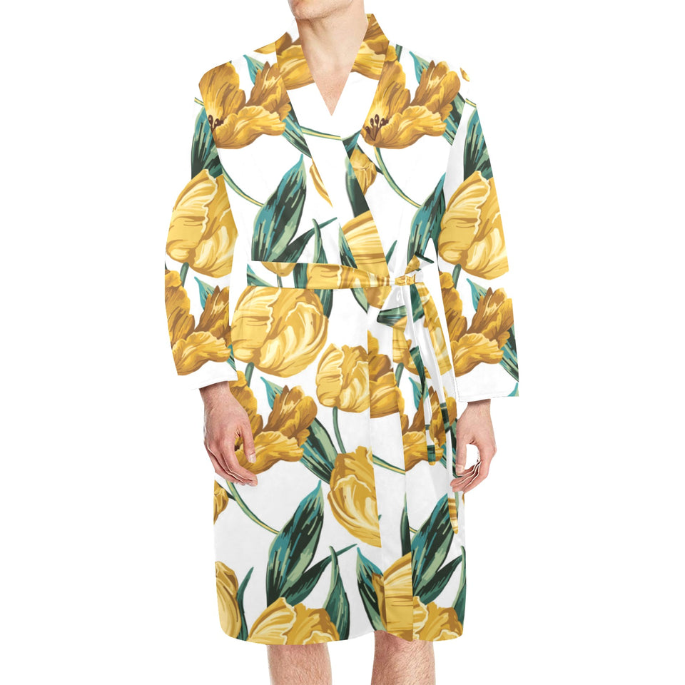 yellow tulips pattern Men's Long Sleeve Belted Night Robe
