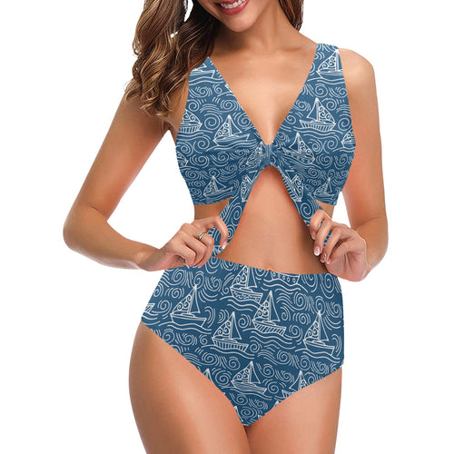 Hand drawn sailboat pattern Chest Bowknot High Waisted Bikini Swimsuit