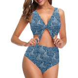 Hand drawn sailboat pattern Chest Bowknot High Waisted Bikini Swimsuit