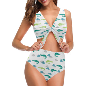 watercolor crocodile pattern Chest Bowknot High Waisted Bikini Swimsuit