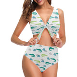 watercolor crocodile pattern Chest Bowknot High Waisted Bikini Swimsuit