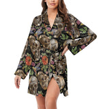 Skull rose humming bird flower pattern Women's Long Sleeve Belted Night Robe