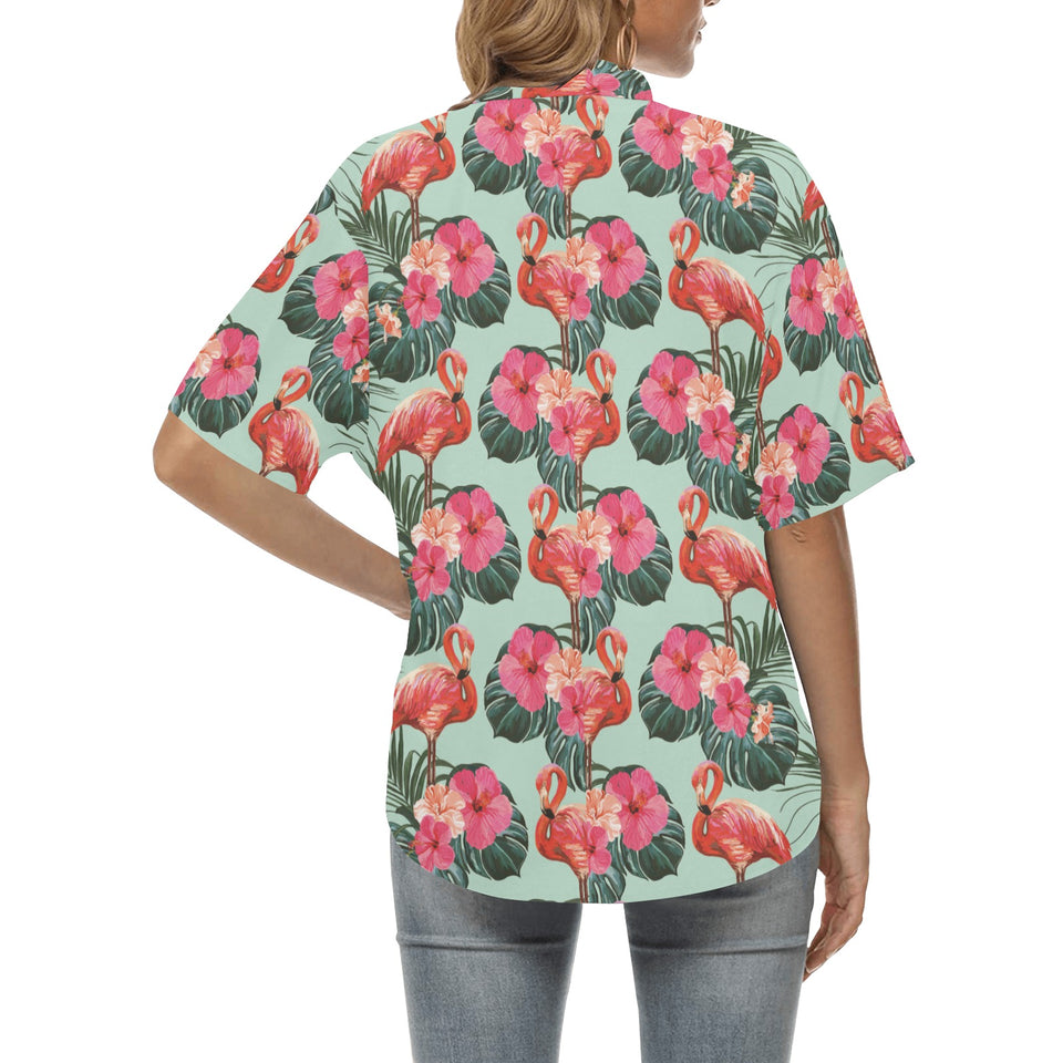 Beautiful flamingo tropical palm leaves hibiscus p Women's All Over Print Hawaiian Shirt