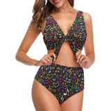 Music Notes Pattern Print Design 02 Chest Bowknot High Waisted Bikini Swimsuit