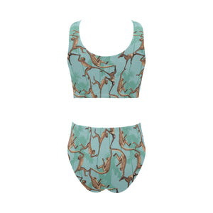 Monkey Palm tree background Chest Bowknot High Waisted Bikini Swimsuit