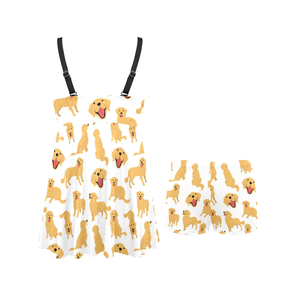 Golden Retriever Pattern Print Design 05 Chest Sexy Pleated Two Piece Swim Dress