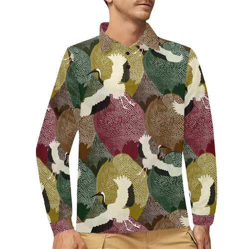 Japanese cranes flying forest dot pattern Men's Long Sleeve Polo Shirt