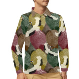 Japanese cranes flying forest dot pattern Men's Long Sleeve Polo Shirt