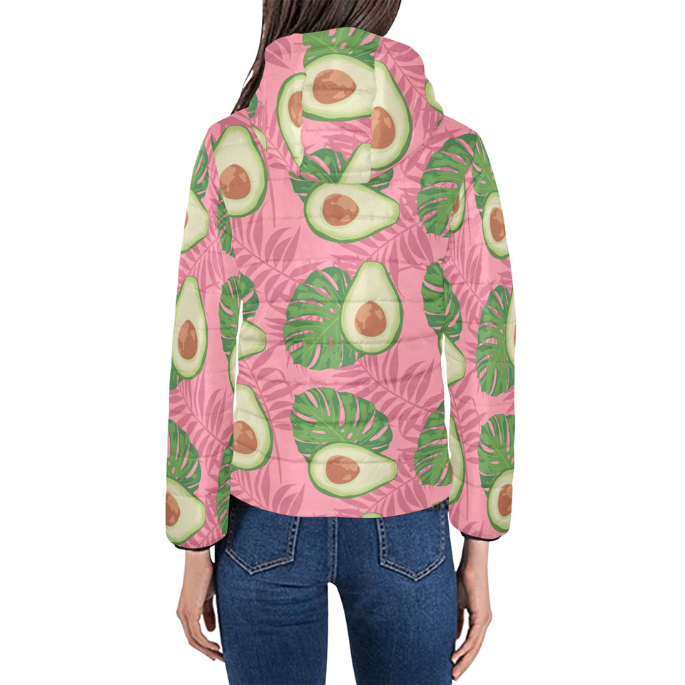Avocado slices leaves pink back ground Women's Padded Hooded Jacket