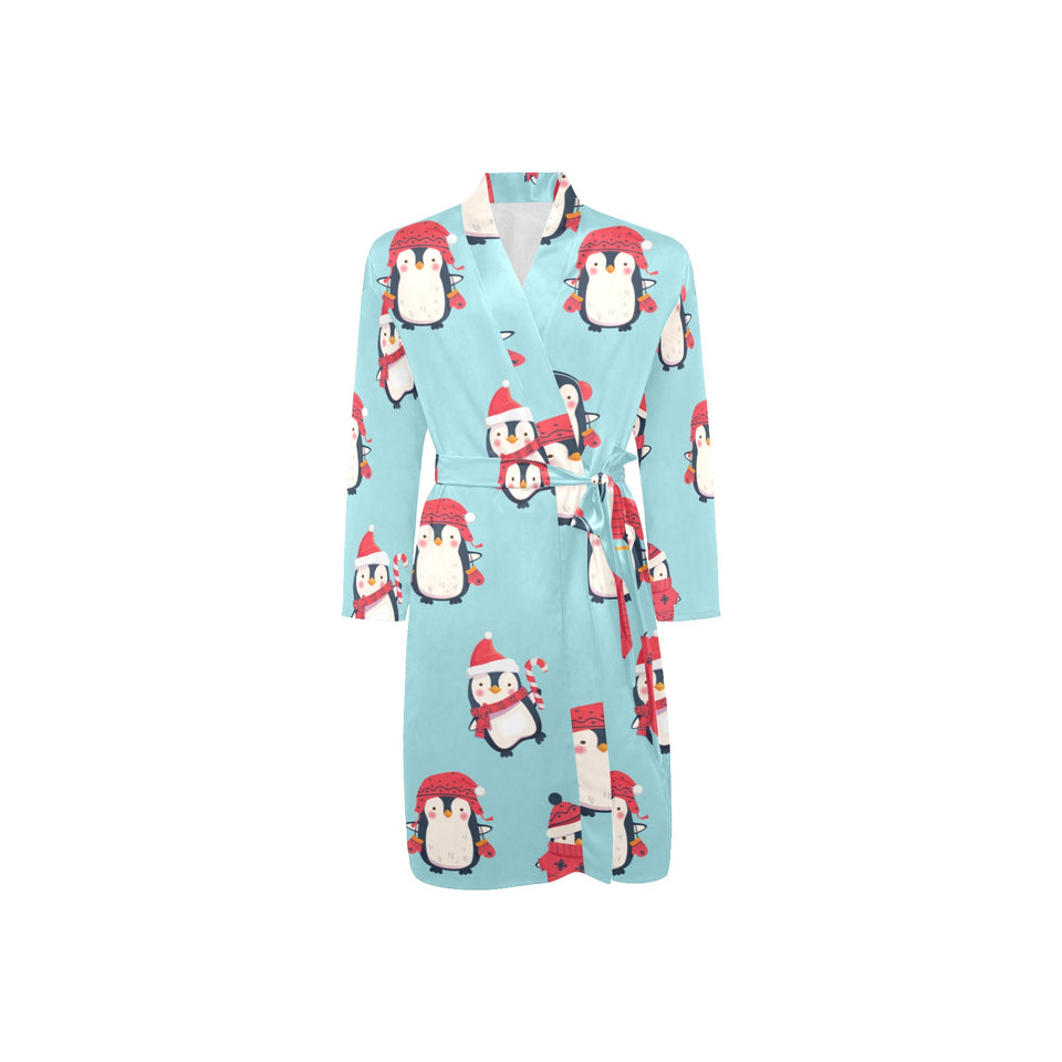 Cute penguin christmas design pattern Men's Long Sleeve Belted Night Robe