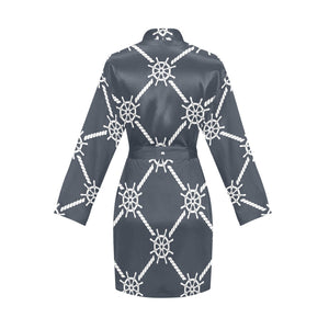 nautical steering wheel rope pattern Women's Long Sleeve Belted Night Robe