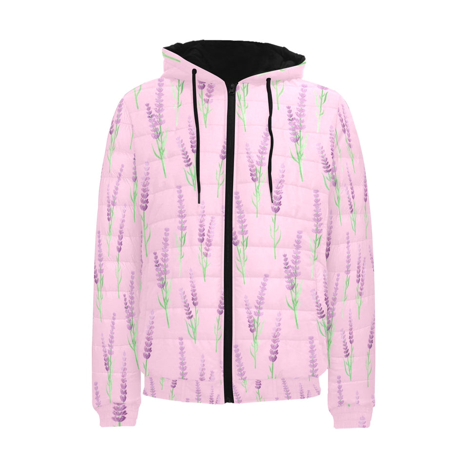 Lavender pattern pink background Men's Padded Hooded Jacket
