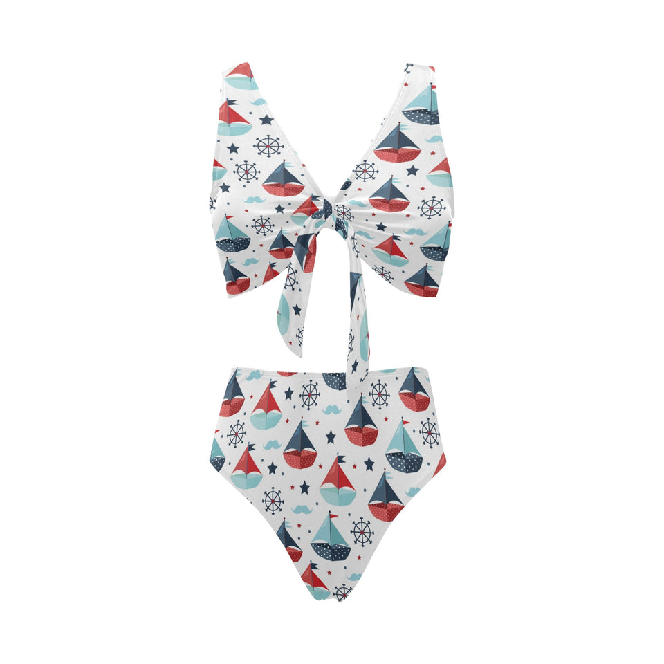 Cute color paper sailboat pattern Chest Bowknot High Waisted Bikini Swimsuit