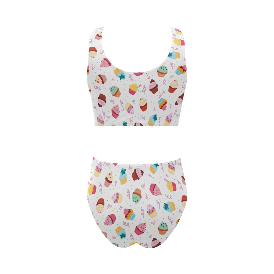 Cake cupcake design pattern Chest Bowknot High Waisted Bikini Swimsuit