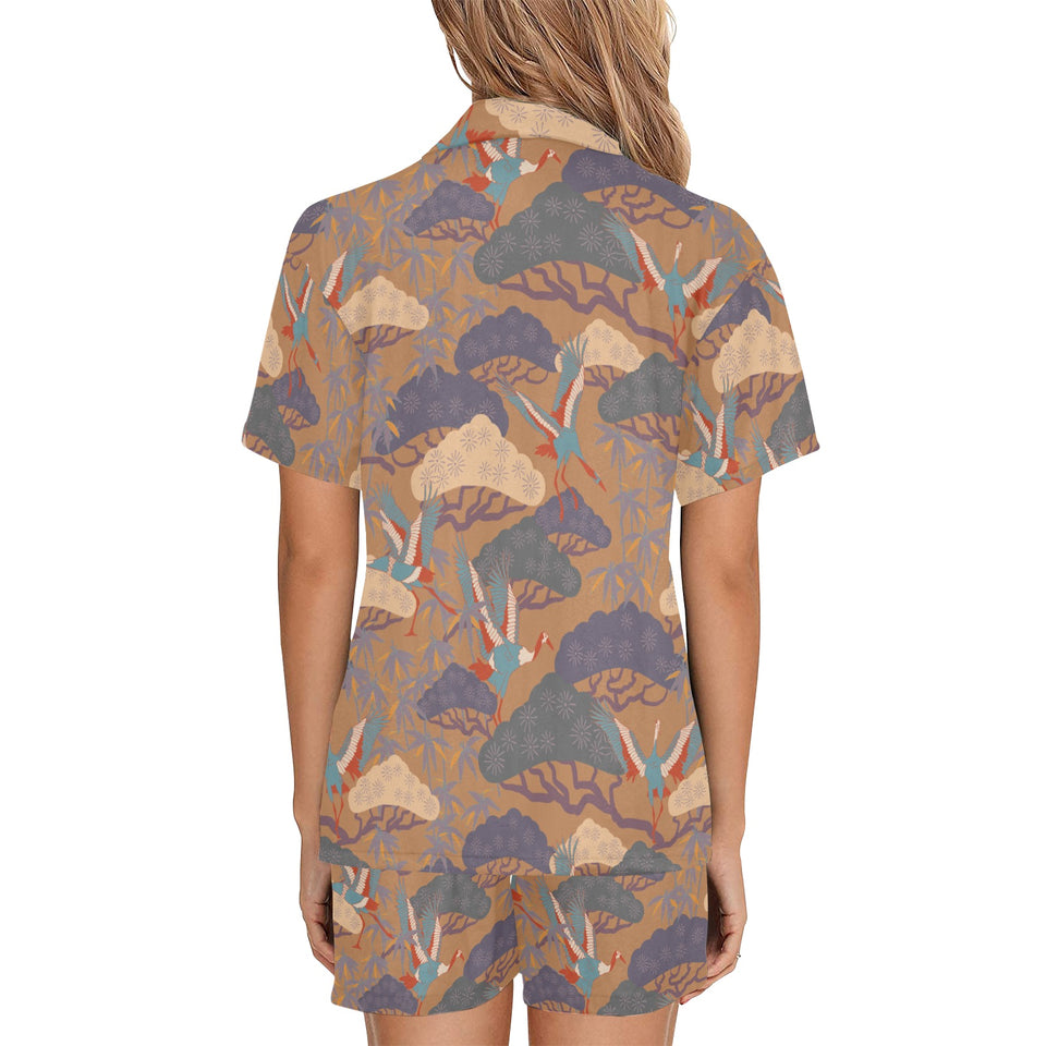 Bonsai bamboo stork japanese pattern brown theme Women's V-Neck Short Pajama Set